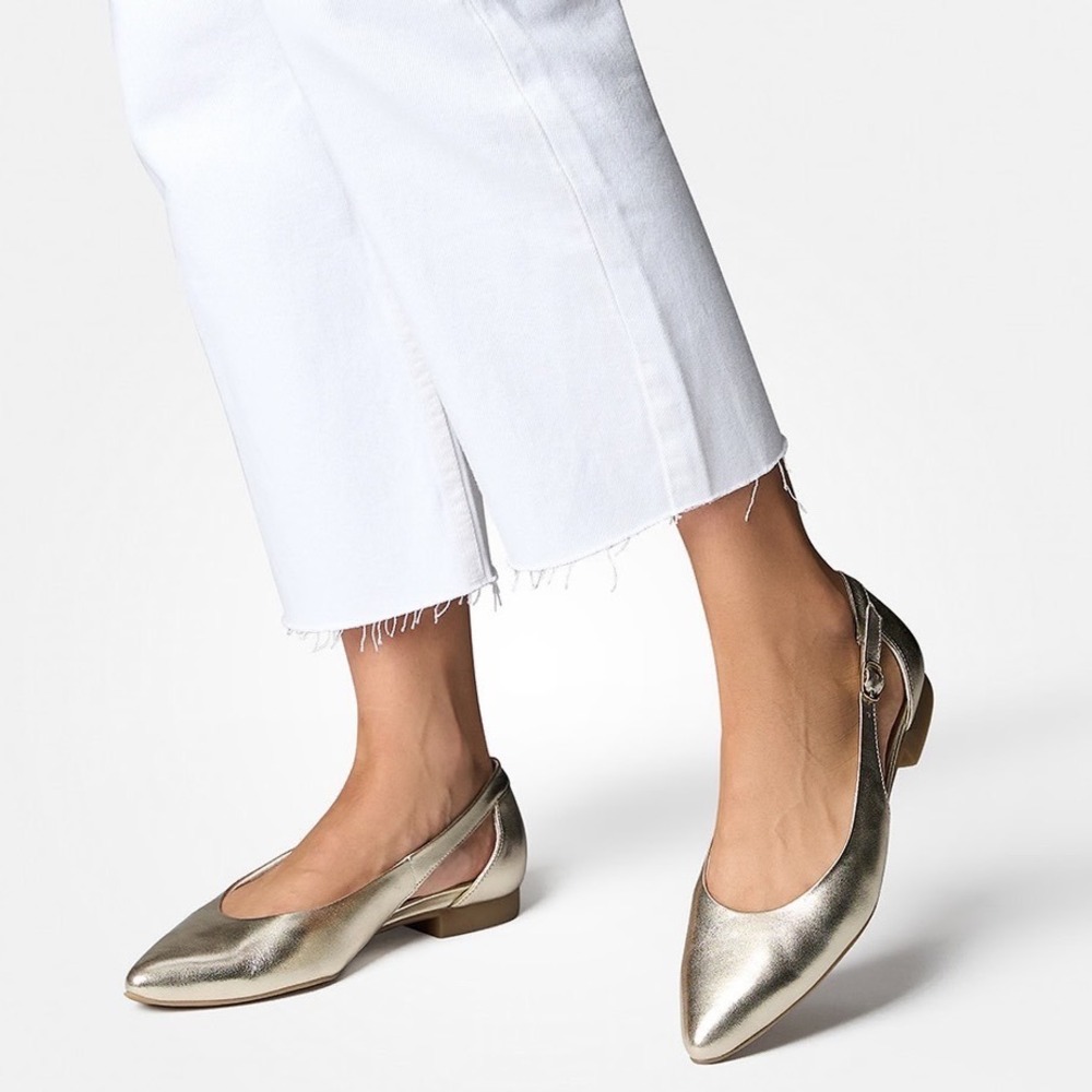 Paul Green Metallic Gold Leather Pointed Toe Ankle Strap Flats Size 4.5 / 7 US